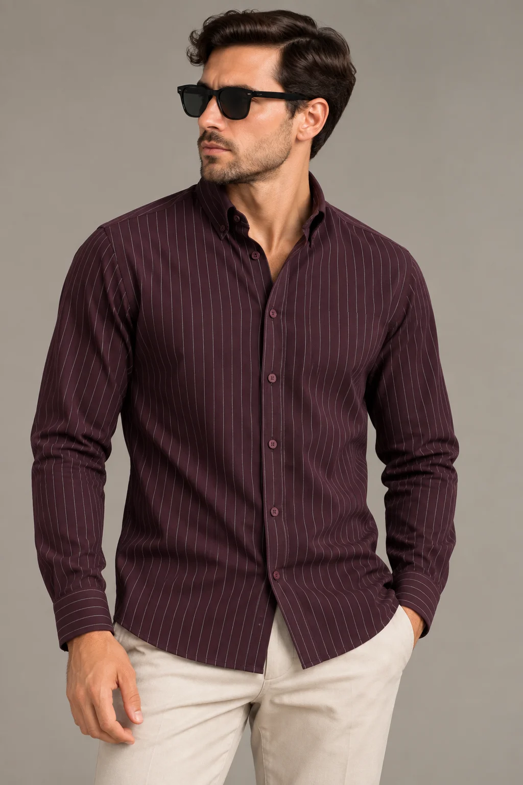 BORDO ÇİZGİLİ SLİM FIT LYCRALI GÖMLEK