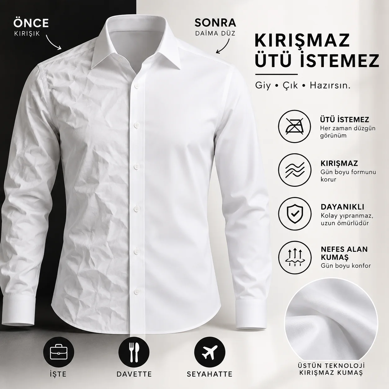 BEYAZ İPEK SATEN KIRIŞMAZ SLİM FIT GÖMLEK