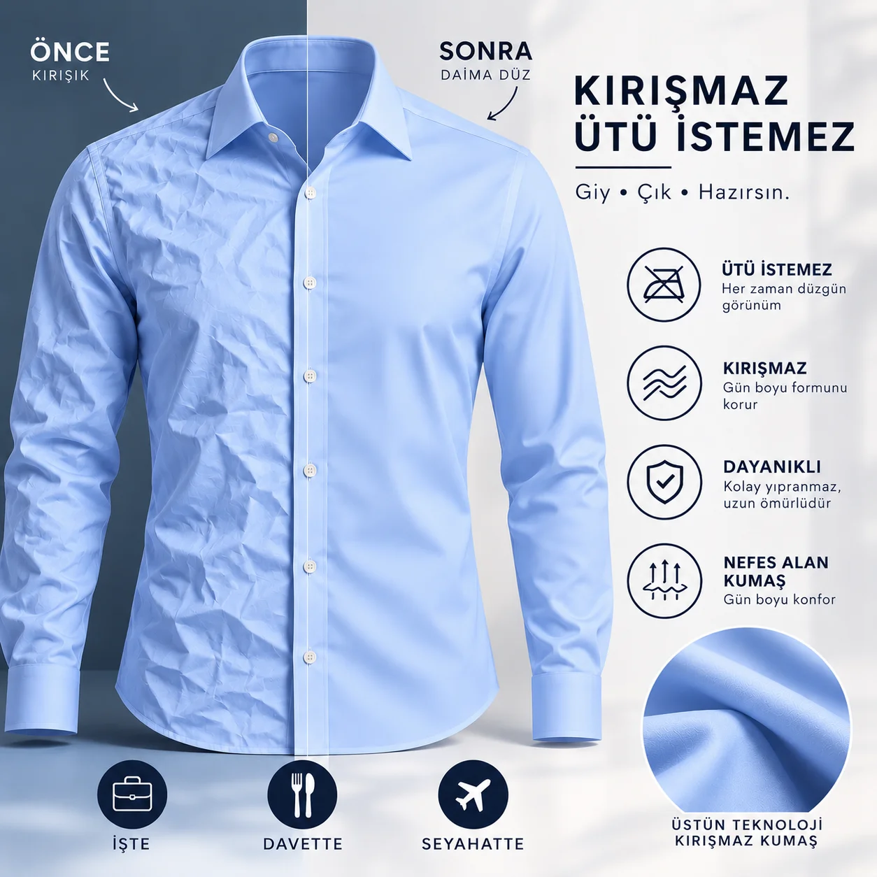 MAVİ İPEK SATEN KIRIŞMAZ SLİM FIT GÖMLEK