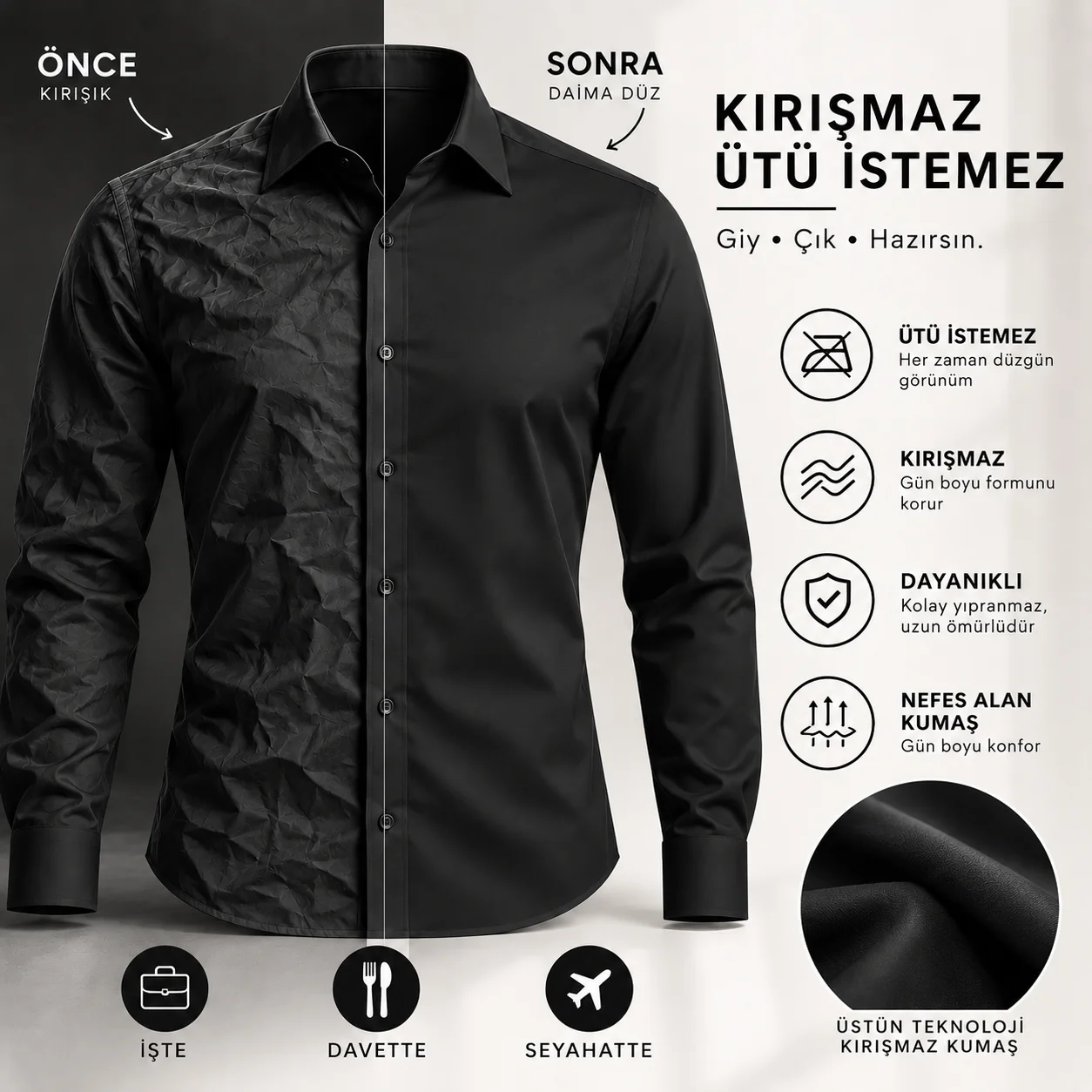 SİYAH İPEK SATEN KIRIŞMAZ SLİM FIT GÖMLEK
