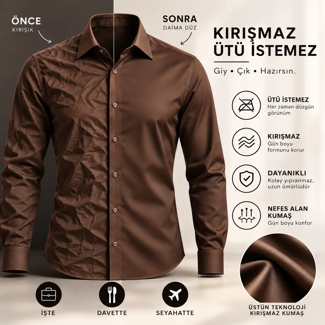 KAHVERENGİ İPEK SATEN KIRIŞMAZ SLİM FIT GÖMLEK